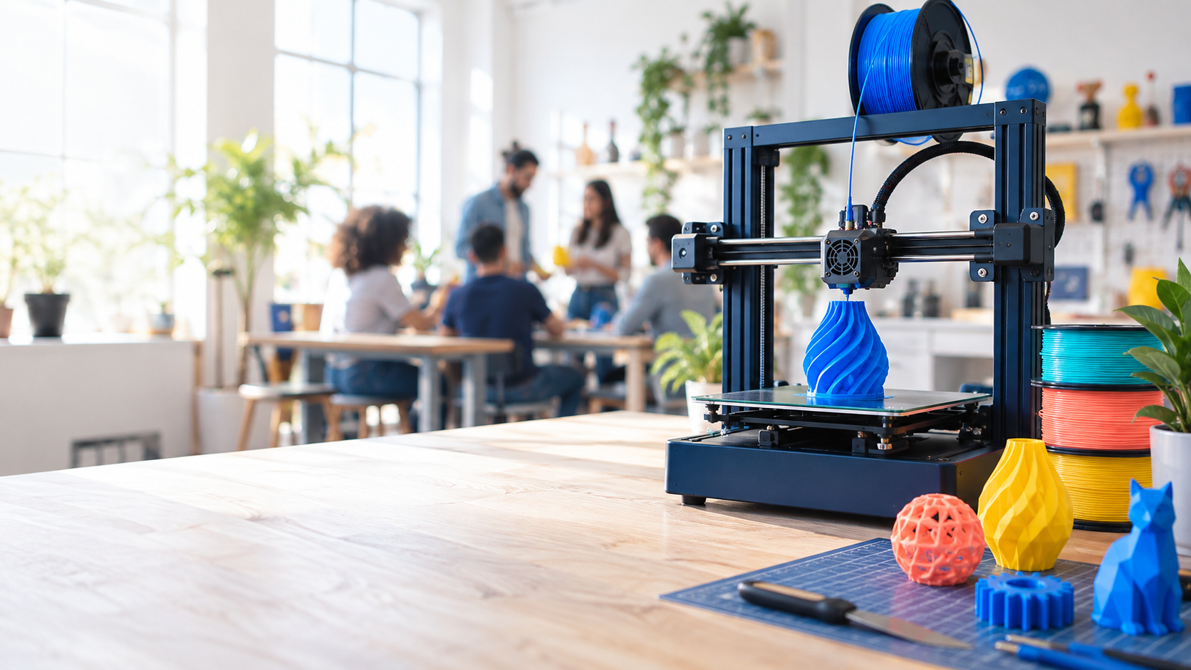 Estúdio maker com impressora 3D, filamentos coloridos e pessoas criando